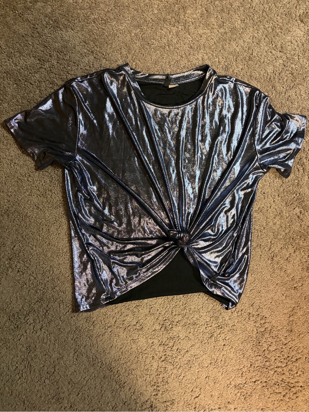 Divided Metallic Silver Twist-Front Crop Top